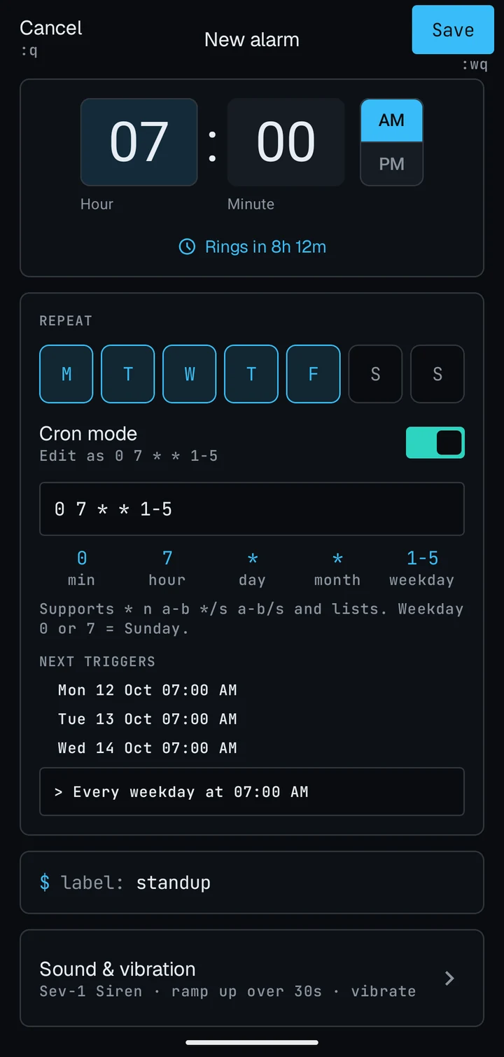 The alarm editor in cron mode: 0 7 * * 1-5, every weekday at 07:00